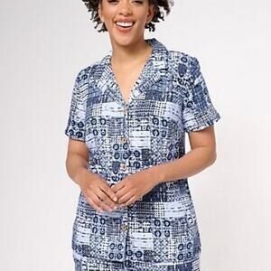 Joan Rivers Linen Blend Patchwork Navy White Button Front Lightweight Shirt B2